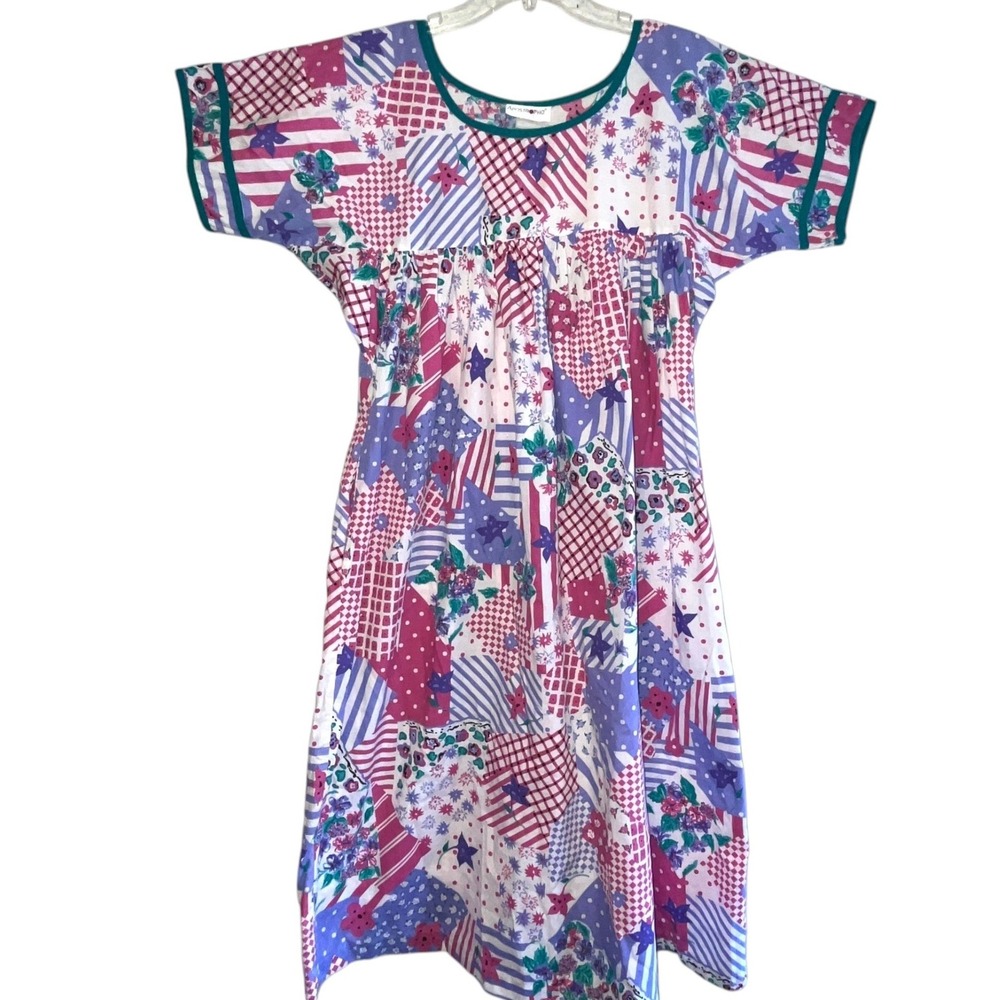 Vintage Apostrophe Patchwork Floral Nightgown House Dress Made in USA Purple XL